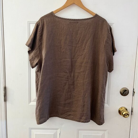 Flax Brown 100% Linen Short Sleeved Bohemian Festival Pop Over Tunic Sz 18-20 - Picture 3 of 8